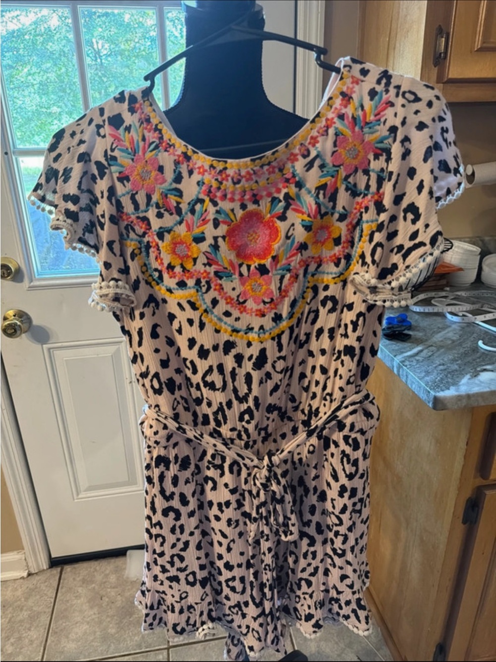 Savanna Jane Pink Leopard-Print Embroidered Romper with Floral Yoke